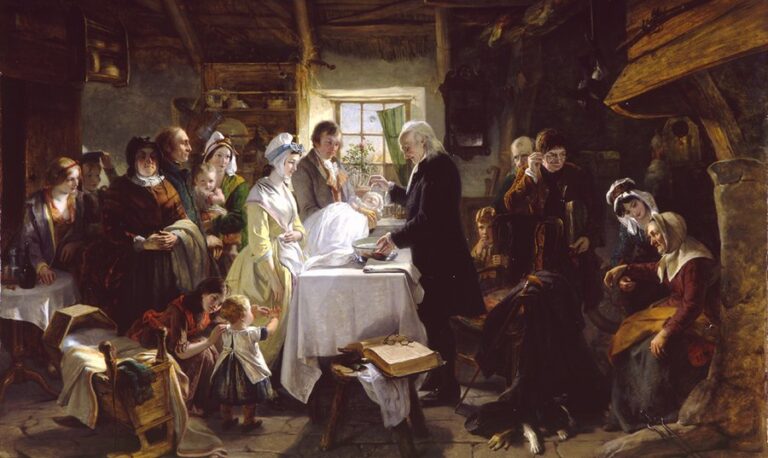 Bautismo de infantes en una casa escocesa: un ministro bautiza a un bebé en brazos de su padre (John Phillip, 1850)