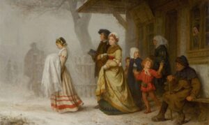 Paidobautismo: una familia lleva a un bebé a bautizar, en el cuadro «El bautismo» de Albert Anker (1864)