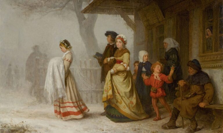 Paidobautismo: una familia lleva a un bebé a bautizar, en el cuadro «El bautismo» de Albert Anker (1864)